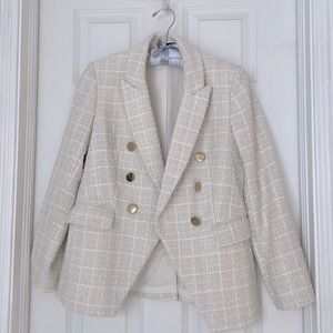 Express Cream Plaid Tweed Blazer with Gold Buttons
